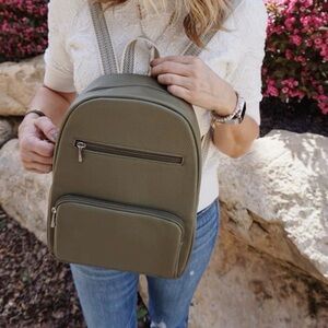 Olive Green Faux Leather Mini Backpack - Women's Casual Bag
